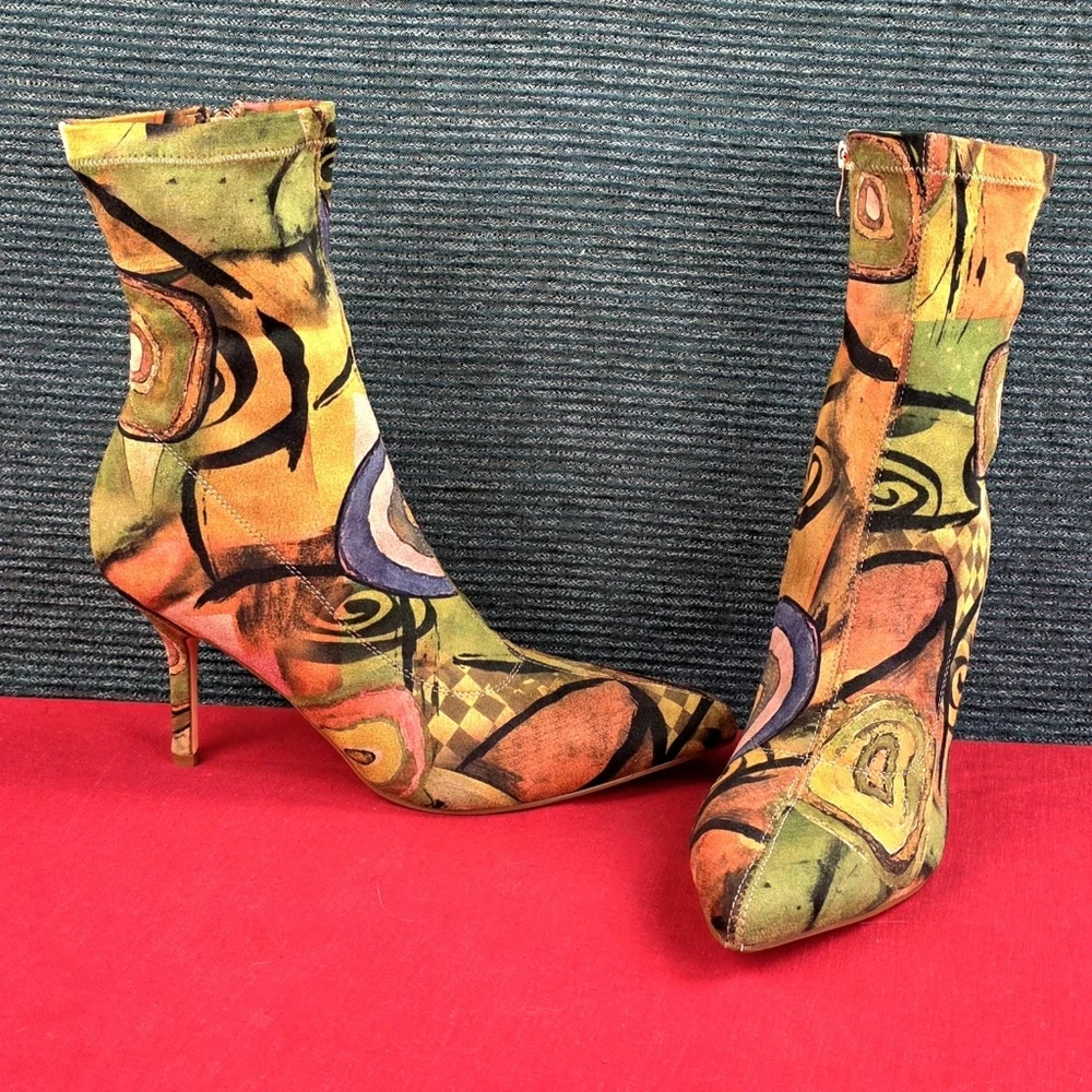 Vivianly Pointy Toe Stiletto Heels Printed Sock Ankle Booties - Picture 7 of 16